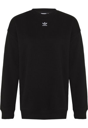 Sort Adidas sweatshirt med lange ærmer, rund hals og et lille hvidt Adidas trekløverlogo centreret under halsudskæringen.
