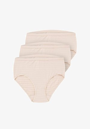 Three beige women's high-waist cotton briefs stacked, showing front and waistband details.