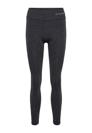 Ciemnoszare, sportowe legginsy z wysokim stanem z małym jasnoszarym logo hummel na pasie, bezszwowe i dopasowane.