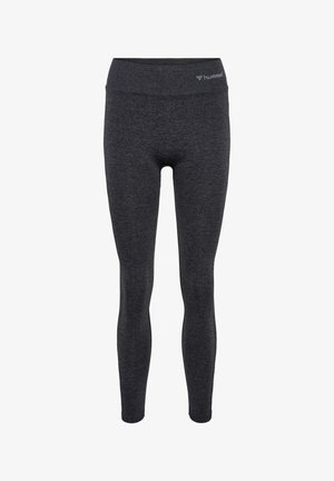 Mørkegrå, højttaljede atletiske leggings med et lille lysegråt hummel-logo på linningen, sømløs og tætsiddende stil.