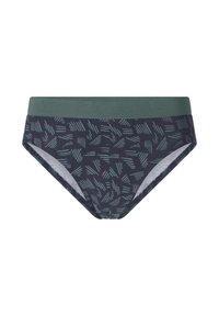 Dunkelblaue Slips mit einem geometrischen Muster aus hellgrünen Linien. Elastischer grüner Taillenbund, weicher Stoff, Design mit moderater Bedeckung.