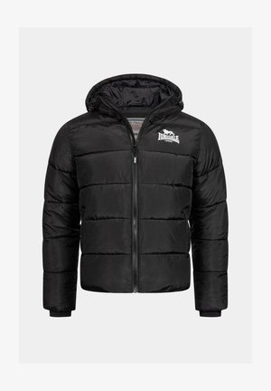 Schwarze Pufferjacke mit Kapuze. Hat einen Frontreißverschluss, gesteppten Paneelen und ein Logo auf der linken Brust. Glattes Gewebe mit glänzender Oberfläche.