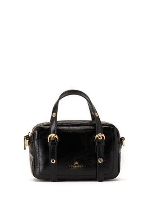 Petit sac à main en cuir noir avec éléments dorés, deux poignées, fermeture éclair et logo de la marque à l'avant.