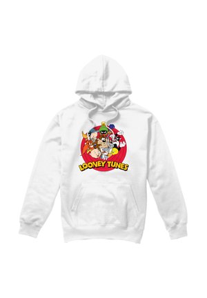 White hoodie featuring colorful Looney Tunes characters grouped inside a red circle with "Looney Tunes" text below.