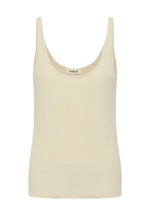 Kremfarget, ermeløs strikket singlet med rund hals og ribbestrikket kant.