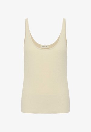 Kremfarget, ermeløs strikket singlet med rund hals og ribbestrikket kant.