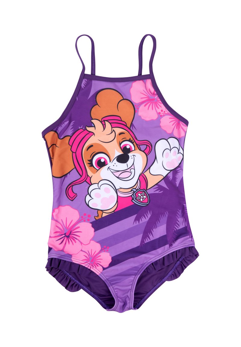 Costume da bagno intero viola con spalline sottili, caratterizzato da un design con un personaggio di cane, dettagli in capelli rosa e motivi floreali rosa. Bordo inferiore con volant.