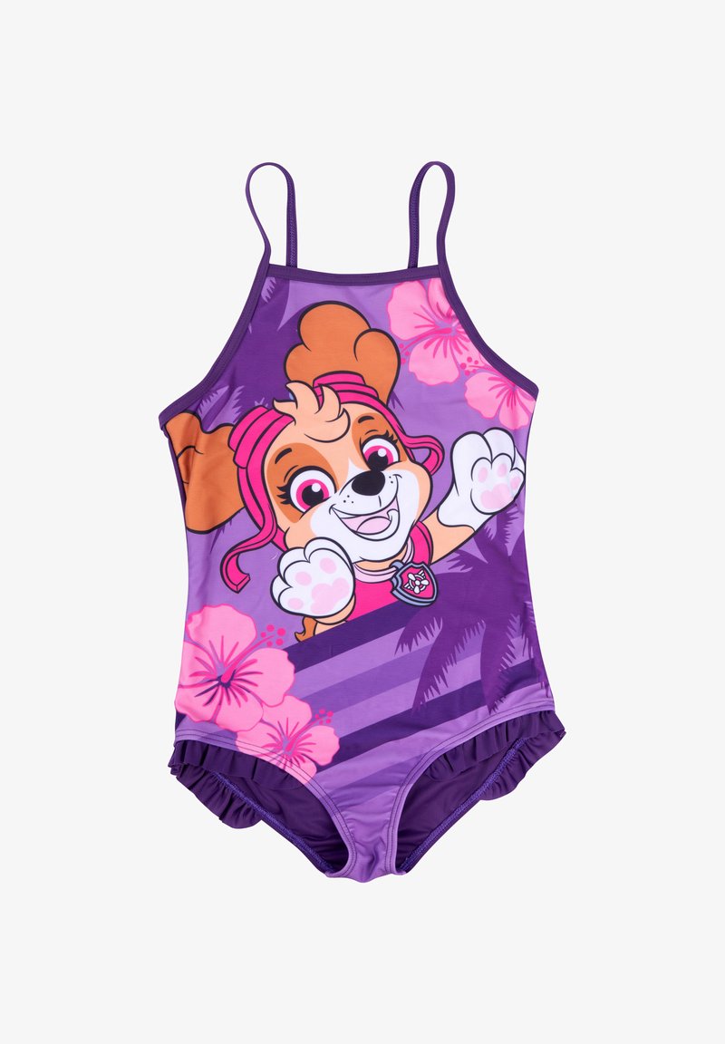Costume da bagno intero viola con spalline sottili, caratterizzato da un design con un personaggio di cane, dettagli in capelli rosa e motivi floreali rosa. Bordo inferiore con volant.