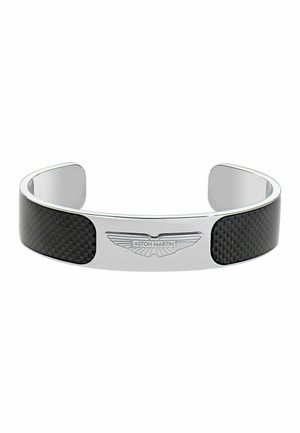 Aston Martin Manschettenarmband aus poliertem silbernem Edelstahl mit schwarzem Carbonfaser-Einsatz und eingraviertem Logo.