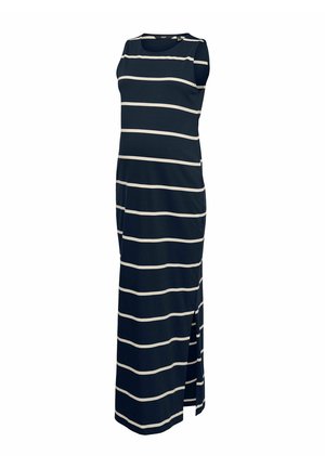 Sleeveless navy blue maxi dress with horizontal white stripes and a side slit.