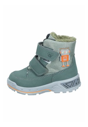Winterstiefel in Grün und Grau mit Klettverschluss, Fütterung aus Fleece, Gummisohle und einem Roboter-Patch an der Seite. Obermaterial mit strukturierter Oberfläche.
