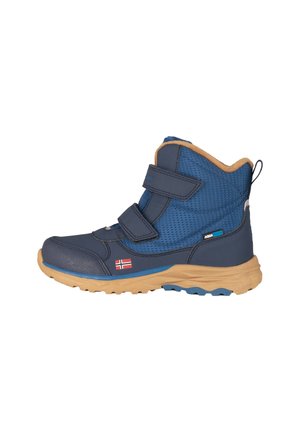 Blue waterproof ankle boot with beige accents, two Velcro straps, textured fabric, rubber sole, and Norwegian flag detail on the side.