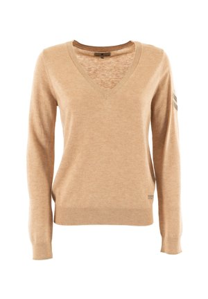 Maglione beige a collo a V realizzato in morbido tessuto a maglia, caratterizzato da maniche lunghe, polsini a costine, una finitura testurizzata e un sottile dettaglio del logo all'orlo.
