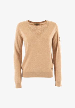 Maglione beige a collo a V realizzato in morbido tessuto a maglia, caratterizzato da maniche lunghe, polsini a costine, una finitura testurizzata e un sottile dettaglio del logo all'orlo.