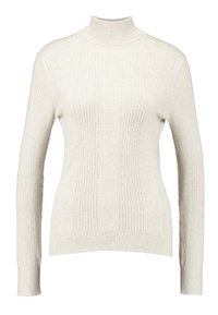 Krémový svetr s vysokým límcem a dlouhými rukávy, fitted design, vyroben�ý z měkké pleteniny, se svislými proužky pro texturu.