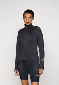 Black long-sleeve cycling jacket with a high collar, zip closure, and reflective accents. Smooth, stretchy fabric for comfort.