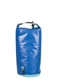 Sininen vedenpitävä laukku sylinterin muotoisena, valmistettu kestävästä materiaalista. Varustettu yläosansa sulkijalla, säädettävällä hihnalla ja sivuklipsillä.