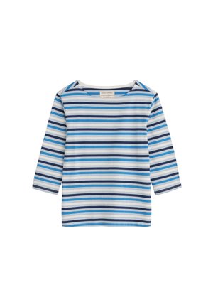 Camiseta de manga larga con rayas horizontales en azul, azul marino y blanco, con cuello redondo, mostrada sobre un fondo blanco.