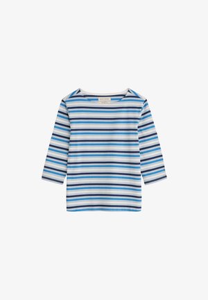 Modra, mornarsko modra in bela majica z dolgimi rokavi, vodoravno črtasta, z okroglim izrezom, prikazana na belem ozadju.