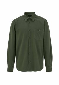 Donkergroen overhemd met lange mouwen, gemaakt van gestructureerde stof. Het shirt heeft een kraag met knopen, een voorzak en zichtbare knopen aan de voorkant.