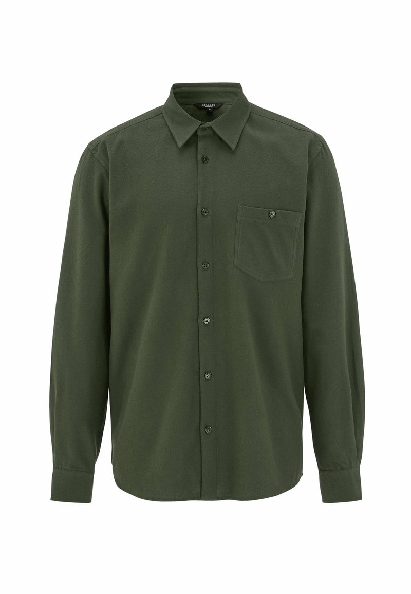 Donkergroen overhemd met lange mouwen, gemaakt van gestructureerde stof. Het shirt heeft een kraag met knopen, een voorzak en zichtbare knopen aan de voorkant.