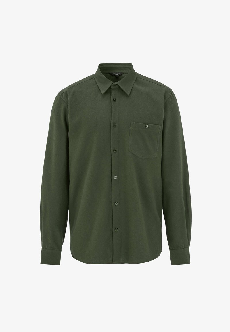 Donkergroen overhemd met lange mouwen, gemaakt van gestructureerde stof. Het shirt heeft een kraag met knopen, een voorzak en zichtbare knopen aan de voorkant.