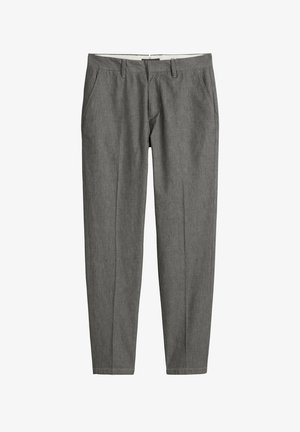 Pantalons ajustés gris avec une taille plate, passants de ceinture, deux poches latérales et une texture lisse. Coupe droite avec des lignes épurées.