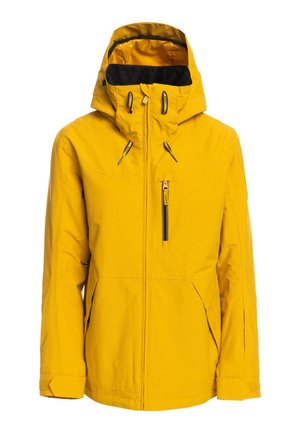 Veste à capuche jaune avec fermeture éclair à l'avant, poche poitrine zippée, capuche réglable et poches latérales, conçue pour une utilisation en extérieur.