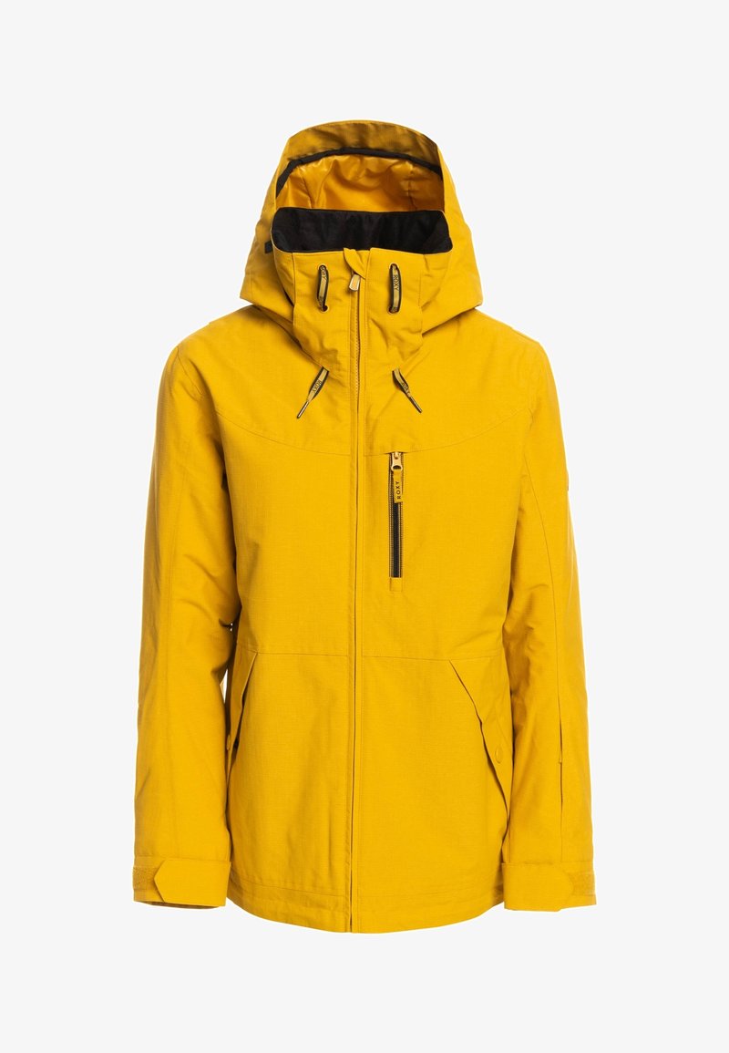 Veste à capuche jaune avec fermeture éclair à l'avant, poche poitrine zippée, capuche réglable et poches latérales, conçue pour une utilisation en extérieur.