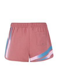 Rood-roze shorts met een elastische tailleband, met blauwe en roze diagonale strepen en een achterzak. Gladde textuur en een relaxte pasvorm.