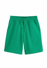 Groene trainingsshorts van zacht, glad materiaal met een elastische tailleband, trekkoordsluiting en twee zijzakken.