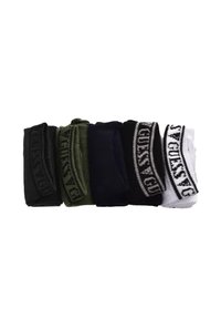Ensemble de cinq paires de chaussettes en noir, vert foncé, bleu marine et blanc ; avec des bords roulés présentant des graphismes textuels contrastants sur les bandes.
