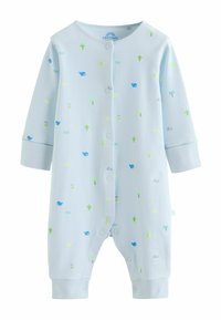 Grenouillère bébé bleu clair côtelée à manches longues, avec boutons-pression sur le devant, décorée d'un motif de petits oiseaux bleus et de plantes vertes.