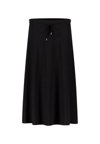 Jupe noire mi-longue en tissu doux et extensible. Taille avec cordon de serrage et accents argentés. Design simple et droit.