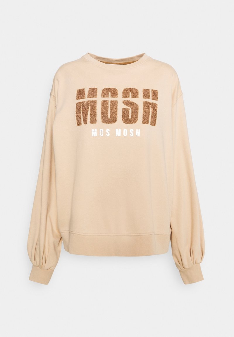 Sweat-shirt beige à manches longues avec poignets bouffants et texte « MOSH MOS MOSH » en grandes lettres marron et plus petites blanches sur la poitrine.