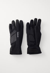 Schwarze wasserdichte Handschuhe mit einer strukturierten Griffplatte, gepunkteten Akzenten und einem weichen fleeceartigen Innenfutter. Gut sitzend mit verstellbaren Handgelenksverschlüssen.