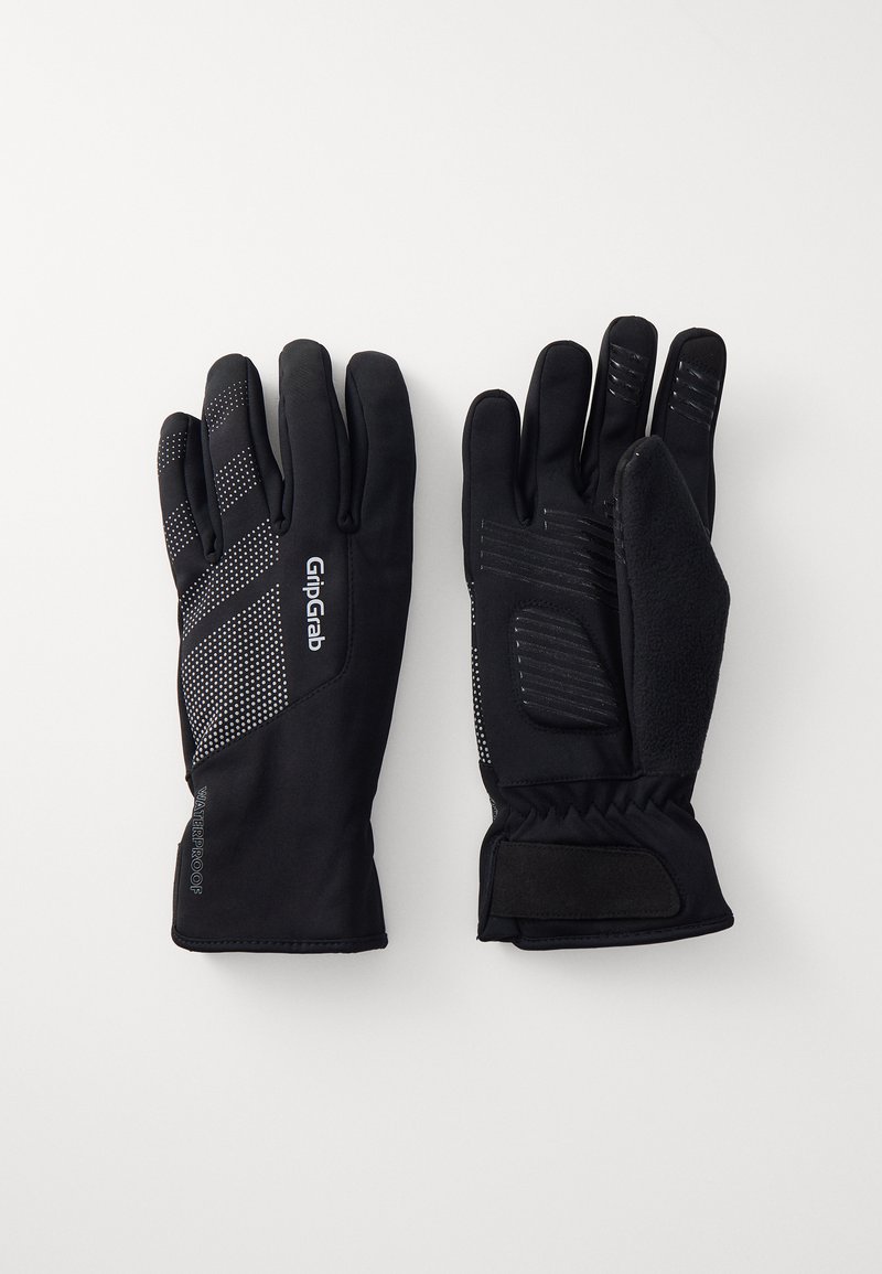 Schwarze wasserdichte Handschuhe mit einer strukturierten Griffplatte, gepunkteten Akzenten und einem weichen fleeceartigen Innenfutter. Gut sitzend mit verstellbaren Handgelenksverschlüssen.