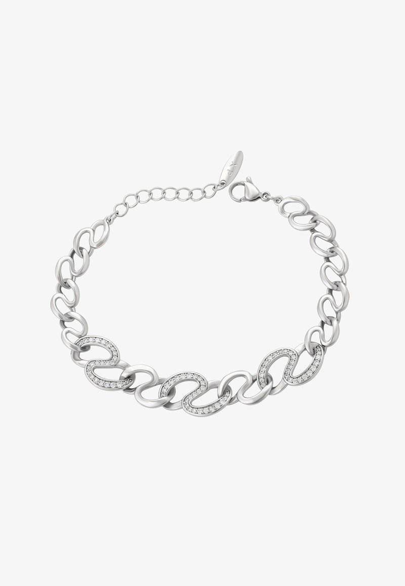 Strieborný náramok s prepojenými oválnymi článkami, niektoré zdobené malými čírymi kryštálmi, s karabínkou a nastaviteľným reťazcom.