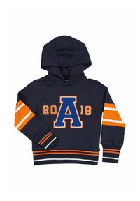 Merinovärinen huppari, jossa on oranssit ja valkoiset raidat hihoissa, edessä suuri sininen "A" ja "2018". Pehmeä kangas ja ribbaus hihansuissa.