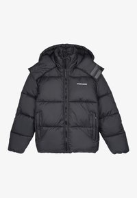 Black puffer jacket with a hood, featuring a zip closure, two front pockets, and a prominent logo on the chest. Quilted design for insulation.