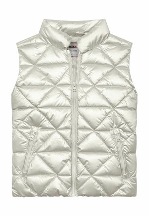 Silverfärgad quiltad pufferväst med ståkrage, fram zip-stängning och två zip-fickor, med en glänsande, slät textur.