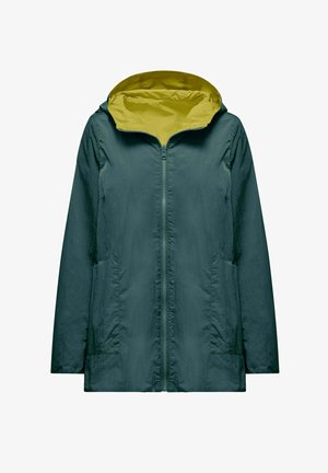 Zielona kurtka na zamek błyskawiczny z długimi rękawami i kapturem wyłożonym jasnym żółtym materiałem, pokazana na białym tle.