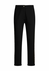 Pantalon noir coupe slim avec des rayures à imprimé léopard sur les côtés extérieurs et une fermeture à bouton doré à la taille.