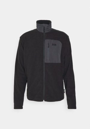 Black fleece jacket with a gray zippered chest pocket, high collar, and side pockets. Features a smooth texture and a fitted design.