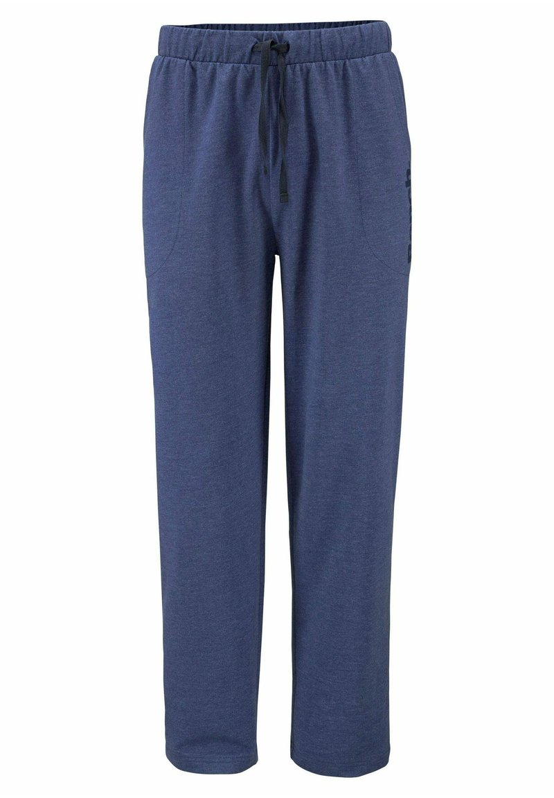 Dunkelblaue Baumwoll-Jogginghosen mit einem Kordelzugbund, zwei seitlichen Taschen und glatter Textur. Mit dezentem Markenlogo am Bein.