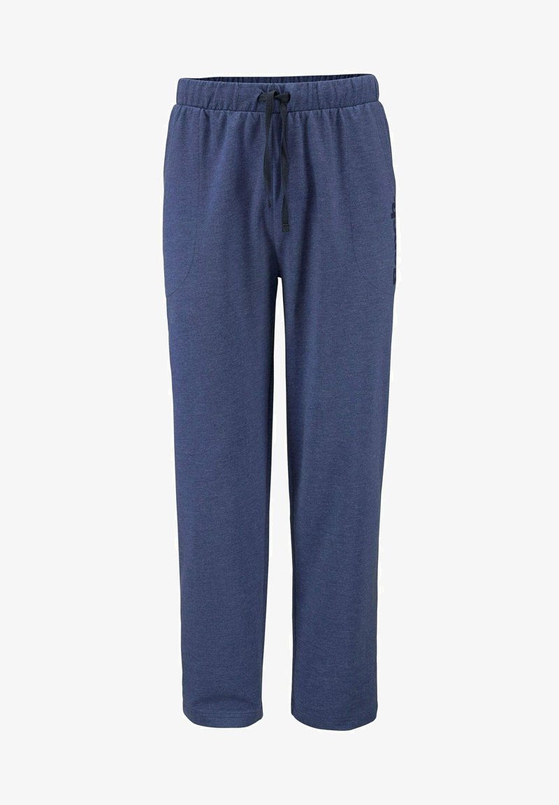 Dunkelblaue Baumwoll-Jogginghosen mit einem Kordelzugbund, zwei seitlichen Taschen und glatter Textur. Mit dezentem Markenlogo am Bein.