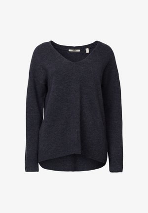 Dunkelgrauer Langarm-Strickpullover mit V-Ausschnitt und leicht asymmetrischem Saum, auf weißem Hintergrund dargestellt.