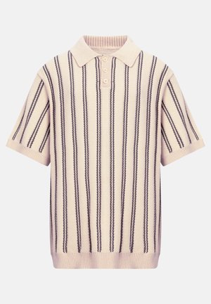 Lyhythihainen neulottu poolopaita, jossa on beige pohjaväri ja pystysuorat tummanharmaat raidat, resorikaulus sekä kolmen napin nappilista.