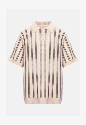 Tricou polo tricotat cu mânecă scurtă, cu bază bej și dungi verticale gri închis, prevăzut cu guler striat și fante cu trei nasturi.