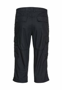 Black cargo shorts featuring multiple side and back pockets, a relaxed fit, and a lightweight, textured fabric. Length extends to just below the knee.